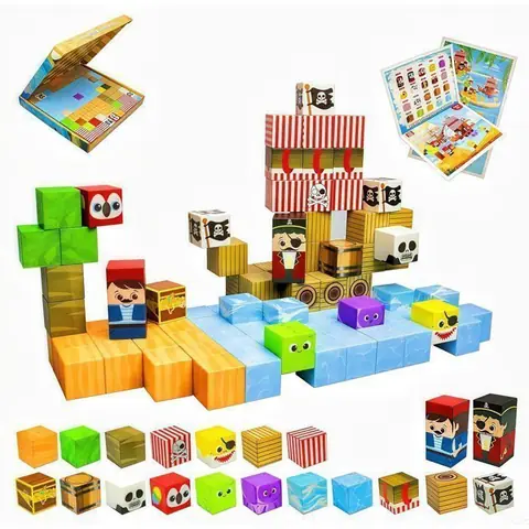 Magnetic building cubes 100 pièces  Jeu de construction de blocs magnétiques type minecraft pour enfants ( Bateau Pirate ) AZZIRIA