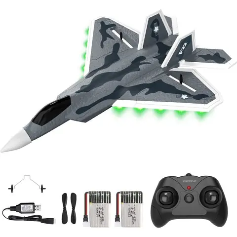 Avion télécommandé DEERC F22 Raptor avec lumières 2 batteries facile à piloter
