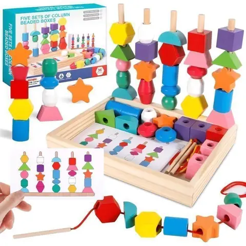 Jouet éveil Montessori en Bois 3 en 1 Perles à Enfiler Empilable et Tri Développement Motricité et Réflexion 2-5 Ans et +