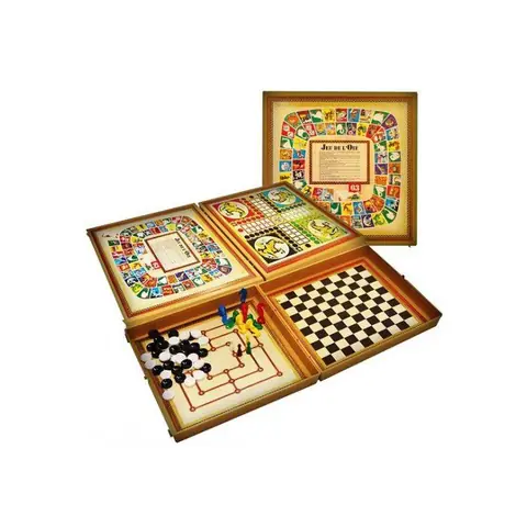 Coffret 8 Jeux de societe classiques - Mallette plastique Muti Jeux - Plateaux dames petits chevaux oie