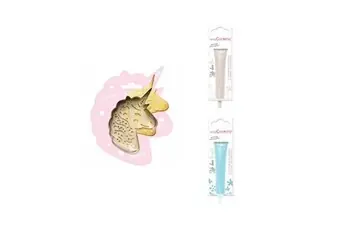 Kit pour biscuit en relief licorne + 2 stylos au chocolat blanc et bleu pastel