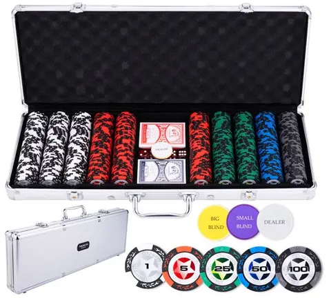 Coffret de poker - Malette métal argentée - 500 jetons 14g - 2 jeux de cartes - 5 dés - 3 boutons
