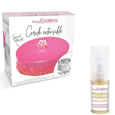 Cadre à pâtisserie extensible rond + 1 poudre alimentaire irisée dorée