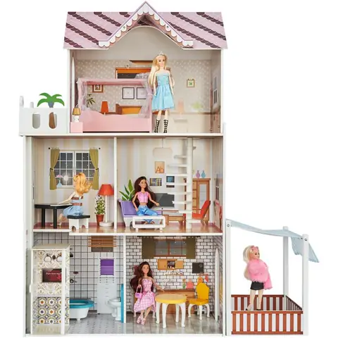 Maison de Poupée - DUOKU - Maison de Jeu Moderne - 7 Pièces - Rose - À Monter Soi-même