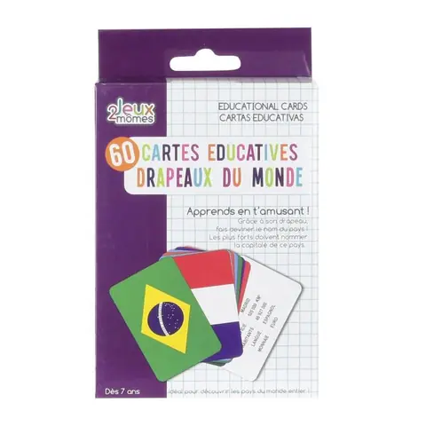 Jeu de 60 Cartes Educatives Pays & Drapeaux 12cm Multicolore
