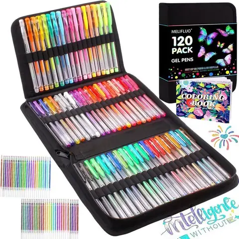Lot de 120 Stylos Gel Pailletés 60 Stylos Gel Couleur avec 60 Recharges de Stylos Gel dans un étui à fermeture éclair pour