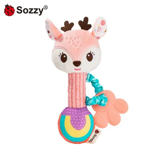 Hochet et anneau de dentition motif petit cerf rose mignon jouet sensoriel pour bébés de 0 à 1 an.