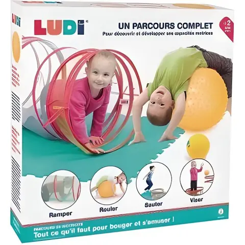 LUDI Parcours de motricité avec tunnel de Jeu + 3 arceaux + Grand Ballon à Picots + Petit Ballon Souple + Tapis de Sol 6 Dalles
