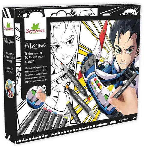Coffret créatif - SYCOMORE - Layout et marqueurs - Manga Garçon - Dès 10 ans
