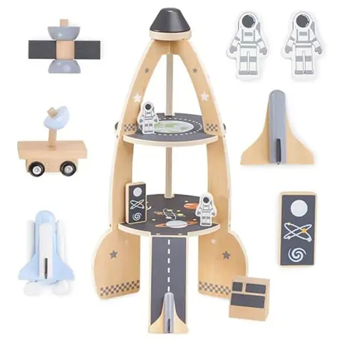 Fusée Spatiale en Bois - Mamabrum - Garage Enfant - 2 Astronautes - 2 Véhicules - Satellite