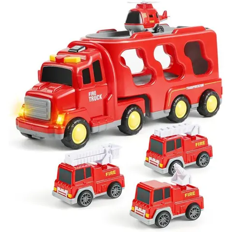 Jouet camion de transport Camion de pompiers jouet à inertie 5 en 1 Avec lumières et sons Adapté aux enfants de plus de 3 ans
