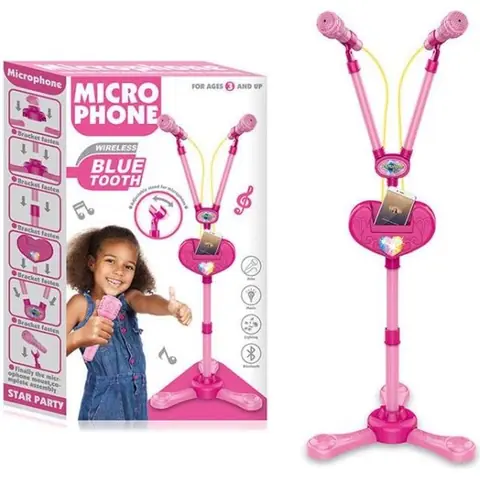 Micro Enfant sur Pied Karaoké Enfants  karaoké microphone bluetooth Avec effet déclairage musical avec deux microphones rose 2