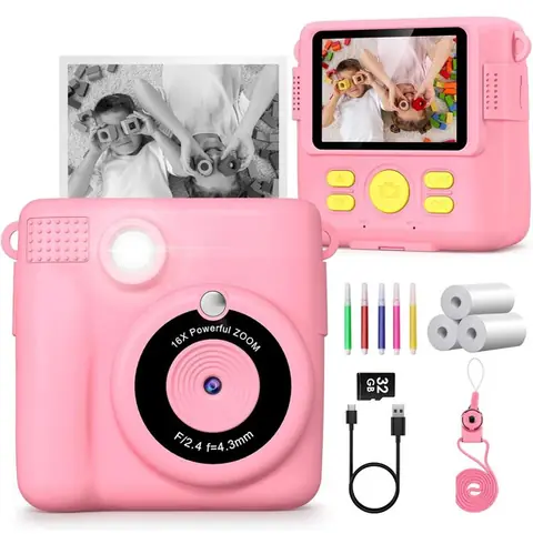 Appareil Photo Jouet Instantané Enfants FIVEFINE HD 1080P Caméra Vidéo Appareil Photo Numérique Enfant avec Carte de 32 Go Rose