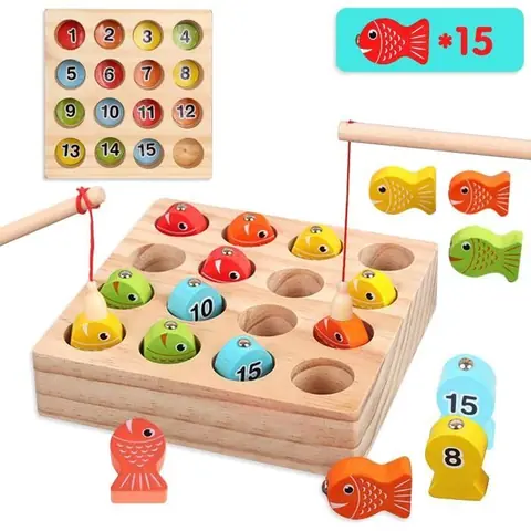 Jeu de Peche en BoisJouets de Peche MagnetiqueJouet en Bois Educatif Jeux Numéro Poisson pour Garçons Filles 3+ Ans