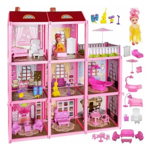 Maison de poupée - GENERIC - 3 étages - 1 poupée incluse - 22 accessoires - Multicolore