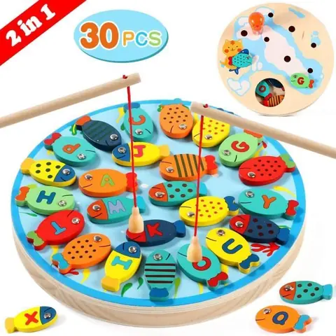 Jouet - Mixte - Jeu de Pêche Magnétique en Bois Alphabet 2 en 1 - 2 cannes à pêche - 26 poissons-lettres - 4 ans