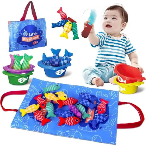 Jeu de pêche Montessori - avec Tapis Océan - Des bébés qui jouent - Cadeau pour les enfants de 1 à 3 ans- 22pcs