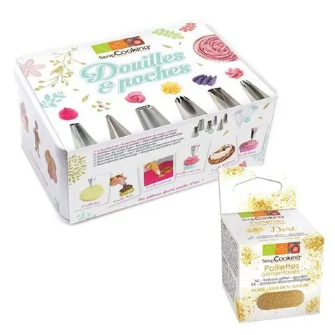 Coffret à pâtisserie 6 douilles inox et poches jetables + paillettes dorées - ScrapCooking