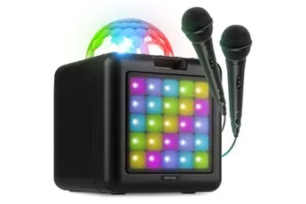 KAR15B Enceinte Karaoké Enfant Bluetooth sur Batterie avec 2 Micros - Noir, Boule Disco & Façade LED
