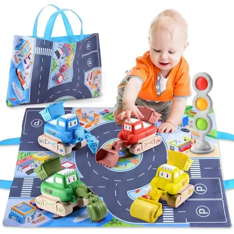 Voiture Jouet Bebe 1 2 3 Ans garçons Filles Ensemble de jouets à pousser 5 pièces avec tapis de jeu jouets pour enfants