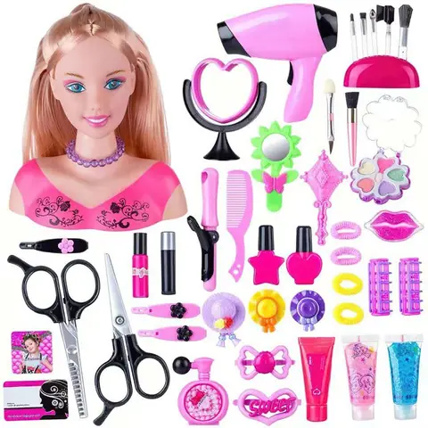 Tête à Coiffer et Maquiller 45 Pcs Maquillage Coiffure Poupée Jouet Semblant Jeu de Rôle Coiffure Tête Jouet avec Sèche-Cheveux