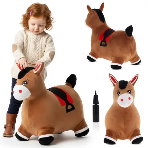 Animal sauteur gonflable - Jouet à sauter - Cheval brun en peluche - de 12 mois - caoutchouc de haute qualité - pompe incluse