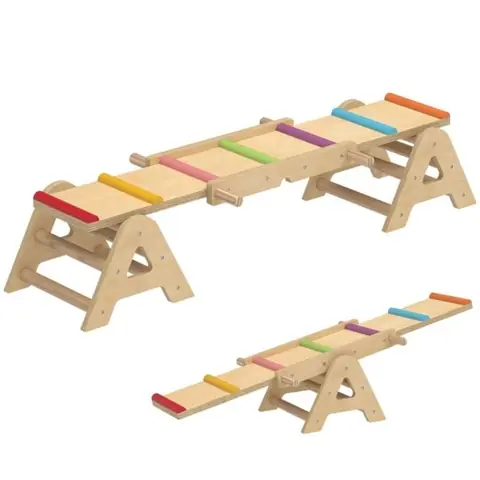 Balançoire 2-en-1 Bascule et Poutre Équilibre Bois Jardin Enfants - Planche dÉquilibre 133x38x24 cm - Jeu Extérieur