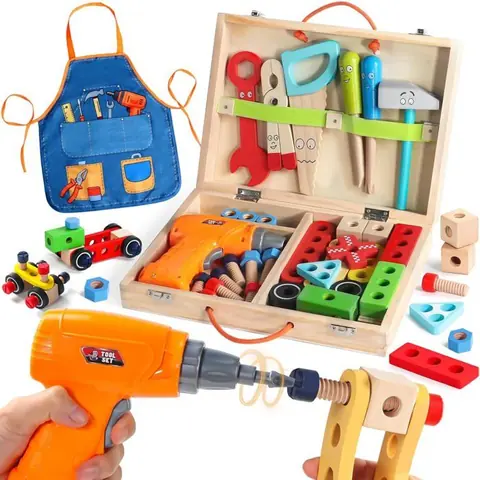 Jouet Enfant 3 Ans-Boite a Outils Enfant Montessori Jeux Enfants 3 Ans avec Perceuse Tablier 45 Pièces Jouet en Bois Bricolage Jeu
