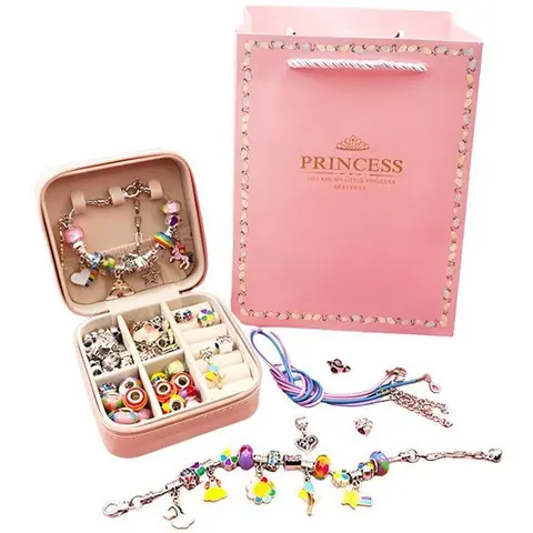 Kit de Fabrication Bijoux pour Enfants Coffret Ensemble 66 Pièces Bracelets Colliers Perles et Breloques Boîte Cadeau fille