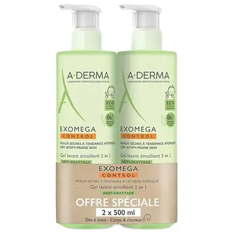 A-Derma Exomega Control Gel Lavant Émollient 2En1 Corps et Cheveux Flacons Pompe 2 x 500 ml