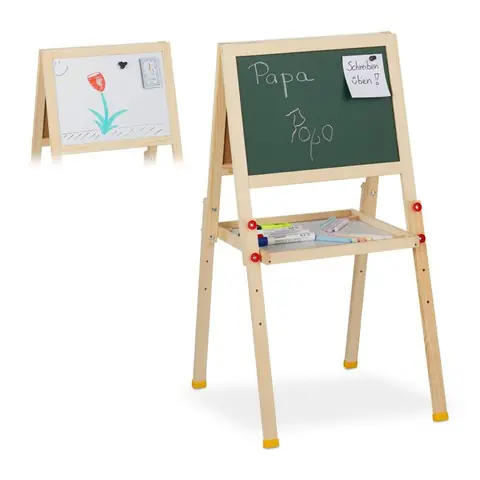 Relaxdays Tableau droit enfant magnétique deux côtés craie et marqueur réglable en hauteur HlP 77x39x445 cm nature