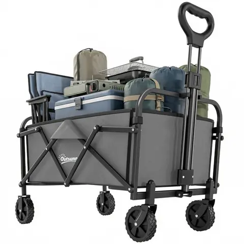 Chariot de jardin - charrette de transport - Outsunny - pliable tout-terrain 66L charge 68kg poignée réglable - métal - gris