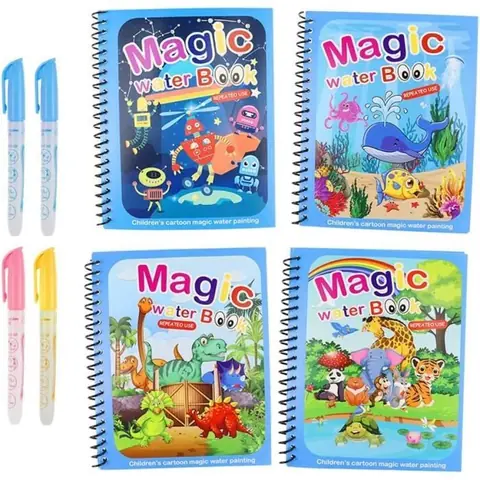 Livre de coloriage à leau - Magique - Lot de 4 stylos - Dessins vibrants - Pour enfants - Mixte