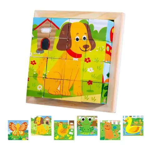 Puzzle en bois - Éducatif - Cube dimage 6 en 1 - Animaux - Pour enfants 1-4 ans - Robuste et sûr