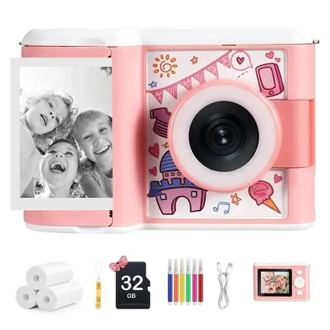 Appareil photo enfants-Écran IPS 24-Modes selfie et vidéo-32 Go + 3 rouleaux de papier photo-Cadeau de Noël/danniversaire (Rose）