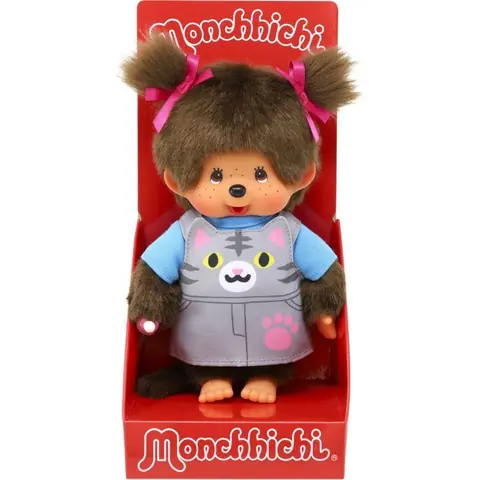 Peluche Monchhichi - BANDAI - Salopette Chat rose - 20 cm