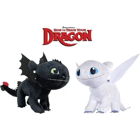 Peluche Dragons - How to Train Your Dragon - Pack 2 Peluches Furie Blanche + Toothless Night Fury Noir - Qualité