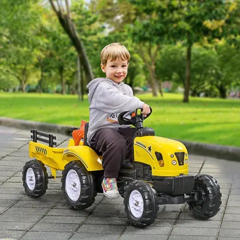 Tracteur à pédales avec remorque outils et klaxon pour enfants à partir de 3 ans cadre en métal noir et jaune 133 x 42 x 51 cm