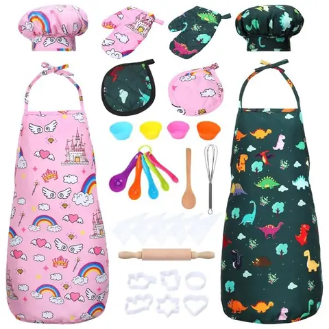 Set cuisine enfant – Tablier rose et vert toque de chef accessoires inclus – Costume éducatif lavable – 2 pièces
