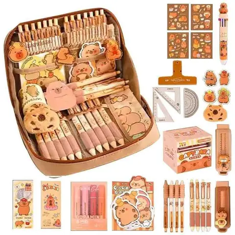 Ensemble de papeterie - Capybara - Trousse esthétique - Compartiments pratiques - Stylos inclus - Durable