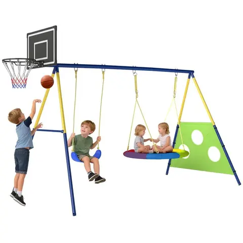 Balançoire Portique Enfants  - AIYAPLAY - 4 en 1 - balançoire nid Cage de Football - Support en Acier - pour Âge 3-8 - Multicolore