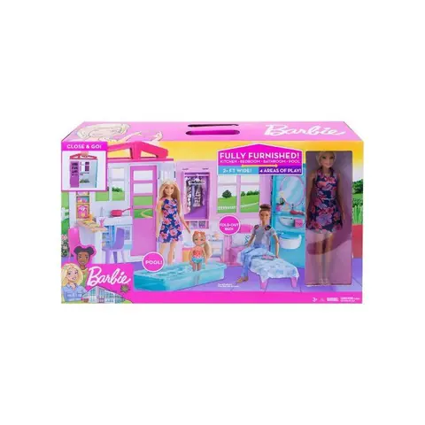 Coffret Barbie Maison Transportable + Piscine + 1 Poupée Mannequin + 20 accessoires - Set Mobilier + 1 Carte Offerte