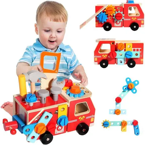 Malette Outils Enfant en Bois Camion de Pompier Montessori avec Jouet Bois Caisse a Outil - Jeux de Construction Voiture de 3 Ans