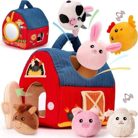 Jouet déveil ferme à surprises pour bébé 6-12 mois  Peluches animaux avec hochet miroir et textures sonores  Cadeau éducatif et