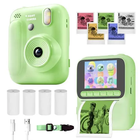 5-en-1 Appareil Photo Enfants-Impression Instantanée-48MP/1080P 2.4 écran-4 rouleaux de papier photo-Double caméra-vert
