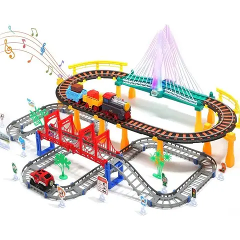 2-en-1 Circuit de train pour enfants -Train électrique piste auto-Avec effets sonores et lumineux -Circuit Voiture Train Électrique