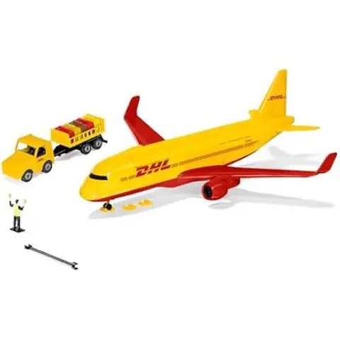 Avion Cargo Jouet - SIKU - 1702 - DHL - Rouge/Jaune - Avec Chariot à Bagages