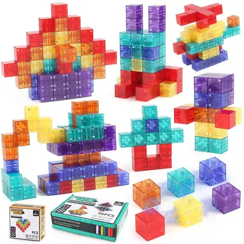 Blocs de construction magnétiques transparents (96pièces) jouet Montessori pour enfants de 3 à 5 ans cubes magnétiques