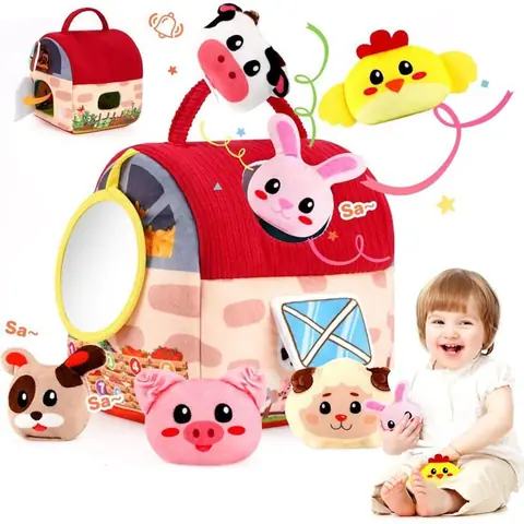 HAWUJ Jouet Bébé 6-12-18-24 MoisGrange Fermière Sensorielle avec Peluches AnimauxSonnette & MiroirJouet Montessori pour Motricité