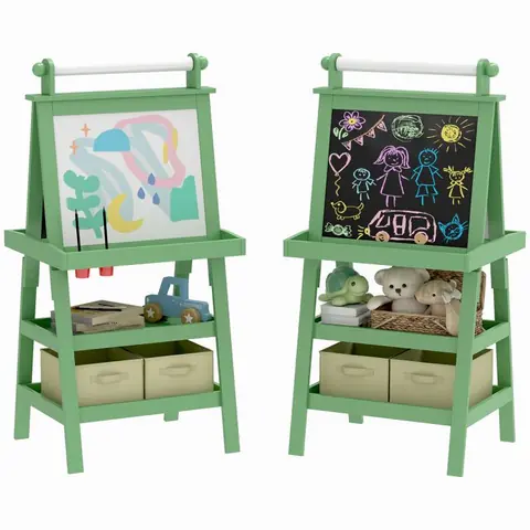 Tableau chevalet enfant AIYAPLAY 3 en 1 tableau blanc magnétique tableau à craie rouleau papier 2 paniers intégrés - 3-6 ans vert